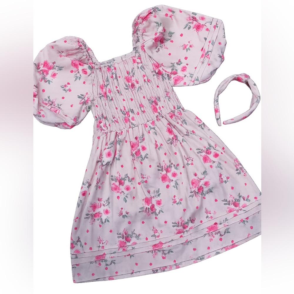 B TWEEN Floral Pink smocked puff sleeve dress w headband valentines sz 6X EUC